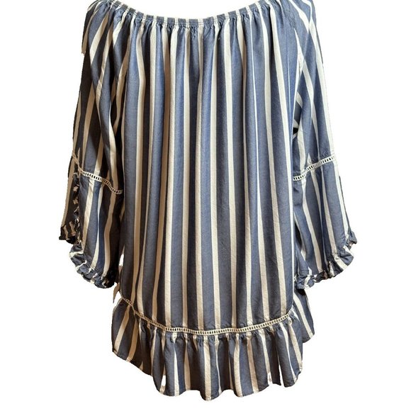 Fever Women Blue White Striped BoHo 3/4 Ruffle Sleeves Shirt Top Blouse Sz Large - Picture 4 of 15